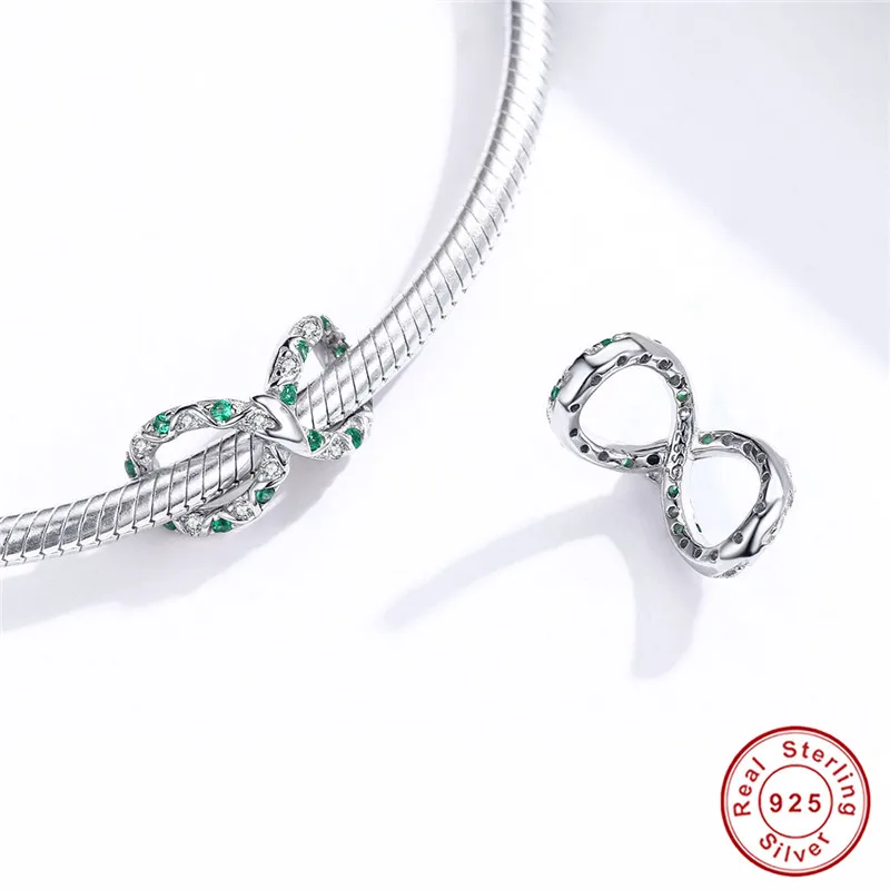 Fit браслет в европейском стиле Silver 925 Original Infinite Love Green CZ бусины с имитацией змеиной