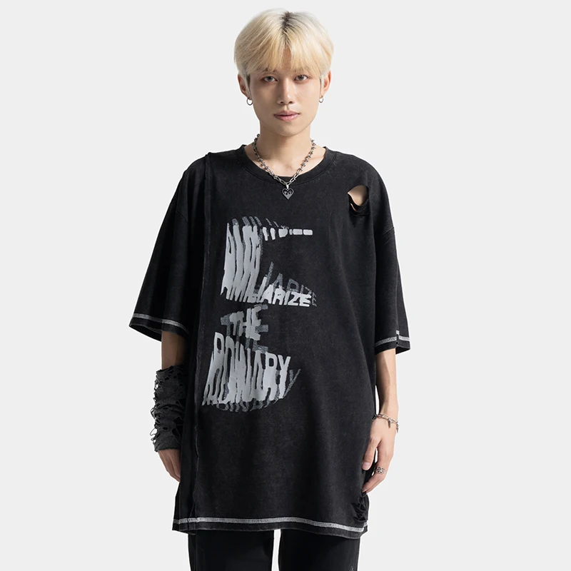 

Ripped Distressed Word Art Ptint Graphic T Shirts Streetwear Hip Hop Harajuku Vintage Oversize Short Sleeve Men Clothes Tops Tee
