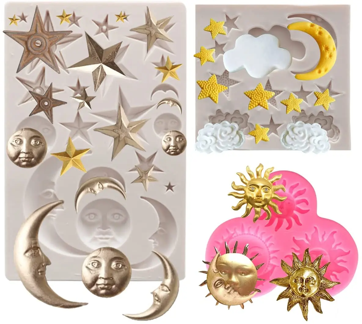 

Sun, Moon and Stars Silicone Fondant Cake Mold for Sun Moon Star Theme Party and Wedding Chocolate Candy Decorations