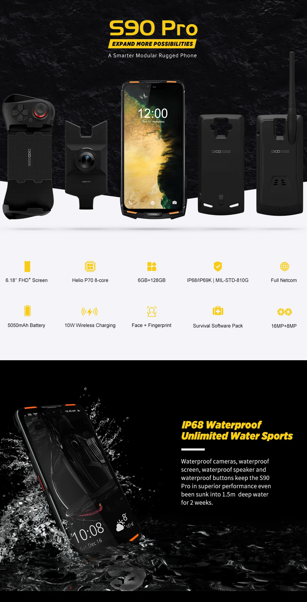 Doogee S90 Pro Helio P70 Восьмиядерный мобильный телефон 6 ГБ 128 ГБ модульный 6,18 FHD+ дисплей IP68/IP69K 4G LTE прочный смартфон