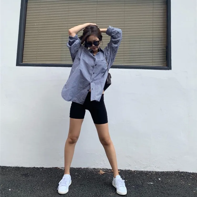 Рубашка женская в Корейском стиле Клетчатая блузка на пуговицах с длинным