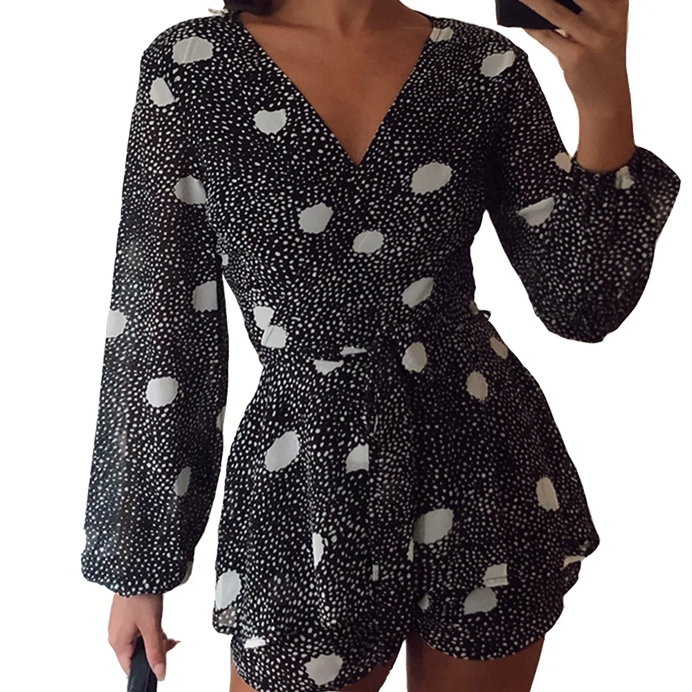 

Women's polka dot jumpsuit 2021 spring new European and American style women's polka dot sexy V-neck lace-up short jumpsuit
