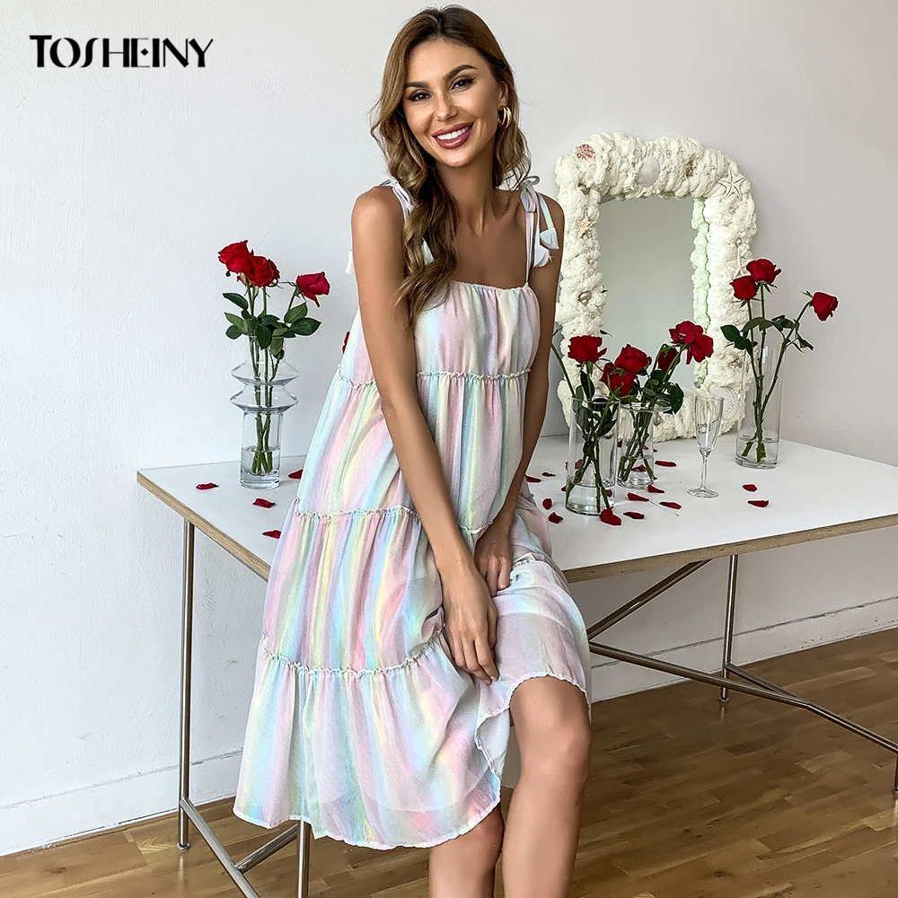 

Tosheiny 2021 Woman Sexy Summer Dress Y2K Spaghetti Strap Backless Ombre Flounce Hem Short Vestidos Party Holiday Loose Dresses
