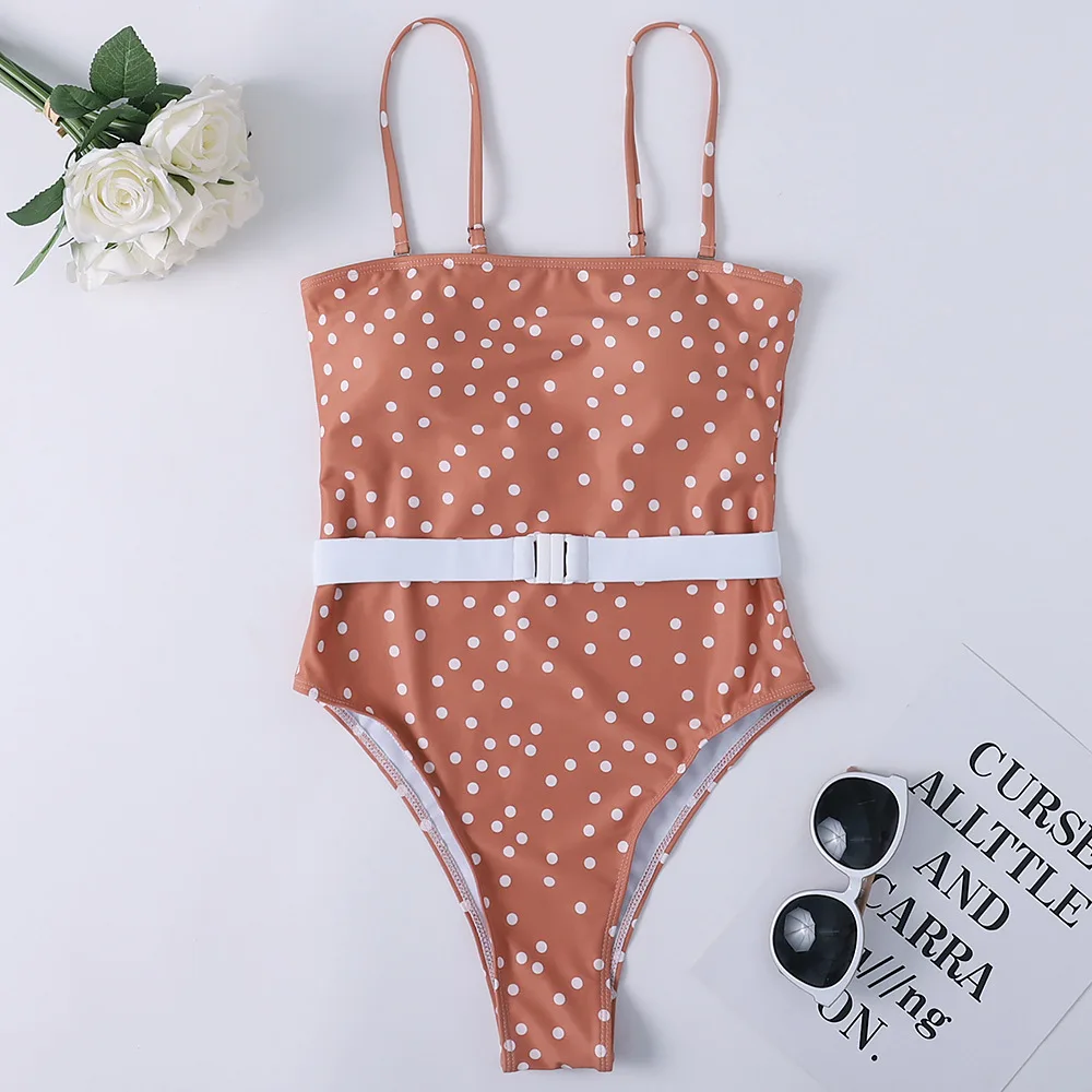 Сексуальный цельный купальник в горошек 2020 Женское боди с поясом монокини