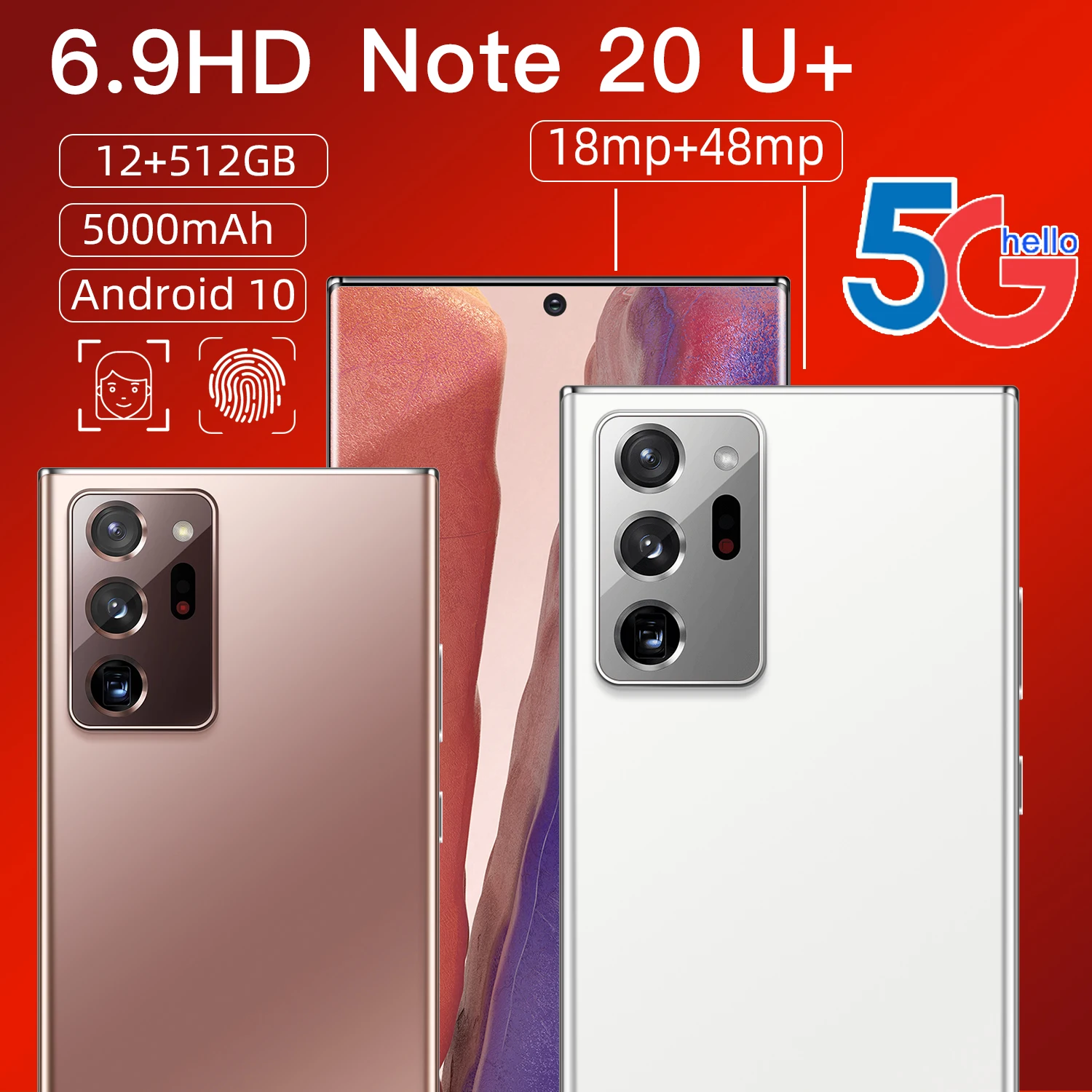 

Hot Sell Note20U+ 5G EPen 12GB RAM 512GB ROM Big Memory 5000mAh 6.9 Inch GPS Android 10.0 Face ID Global Version Smartphone