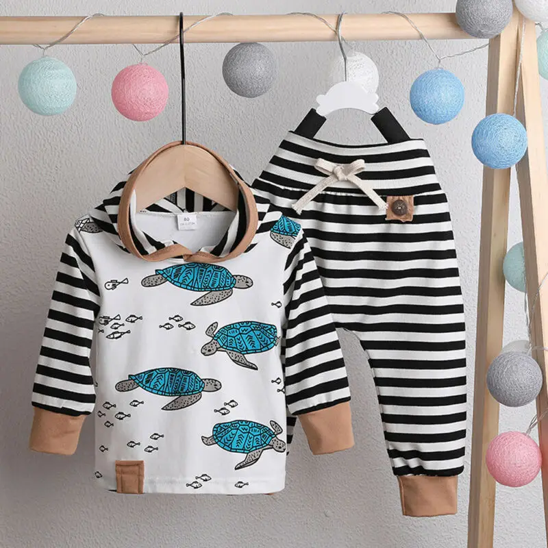 2PCS Clothes Set for Baby Boys Print Long Sleeve Hooded Sweater Turtle Tortoise Hoodies Outfit Striped Long Pants 0-24M