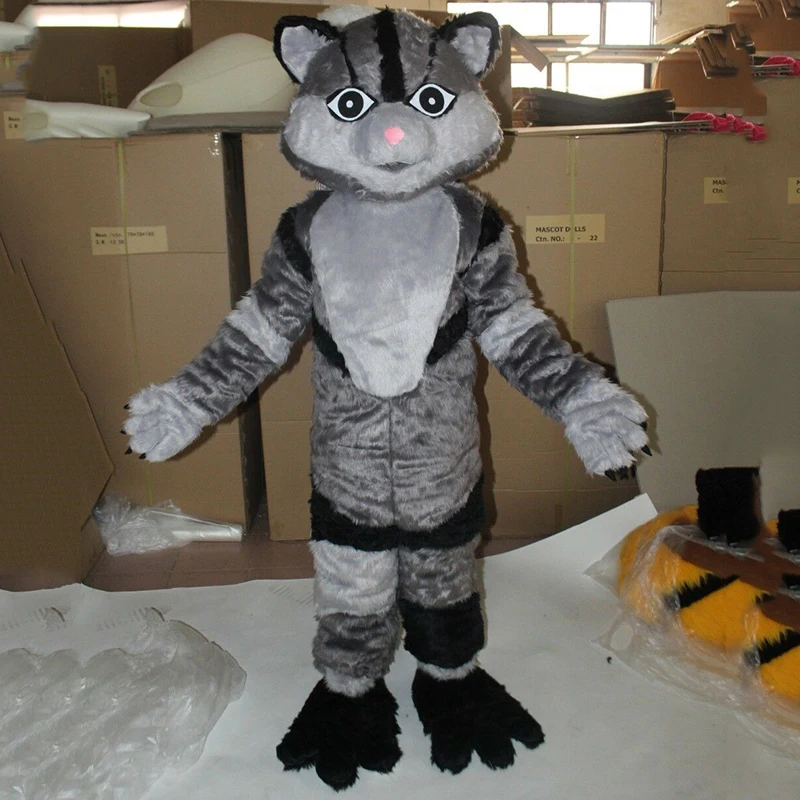

Hottest Selling Gray Cat Mascot Costume for Adults Wearing Furry Civet Mascot Fursuit for Halloween Dress Up Party