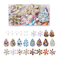 32pcsset bohemian teardrop flower pattern pu leather pendants charms with jump ring earring hook for jewelry earring making