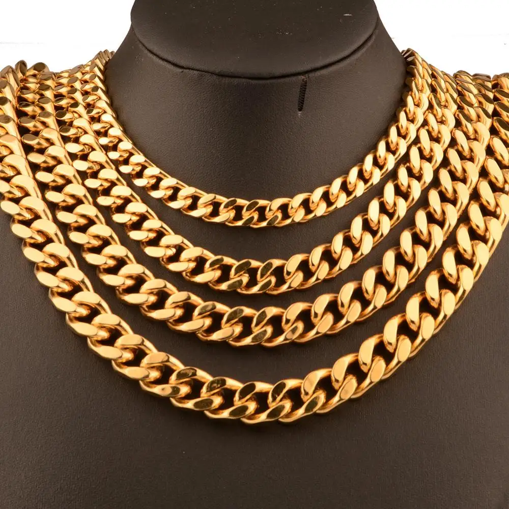 

9/11/13/15mm Wide 316L Stainless Steel Curb Cuban Chain Gold Plated Necklace for Men Christmas Jewelry