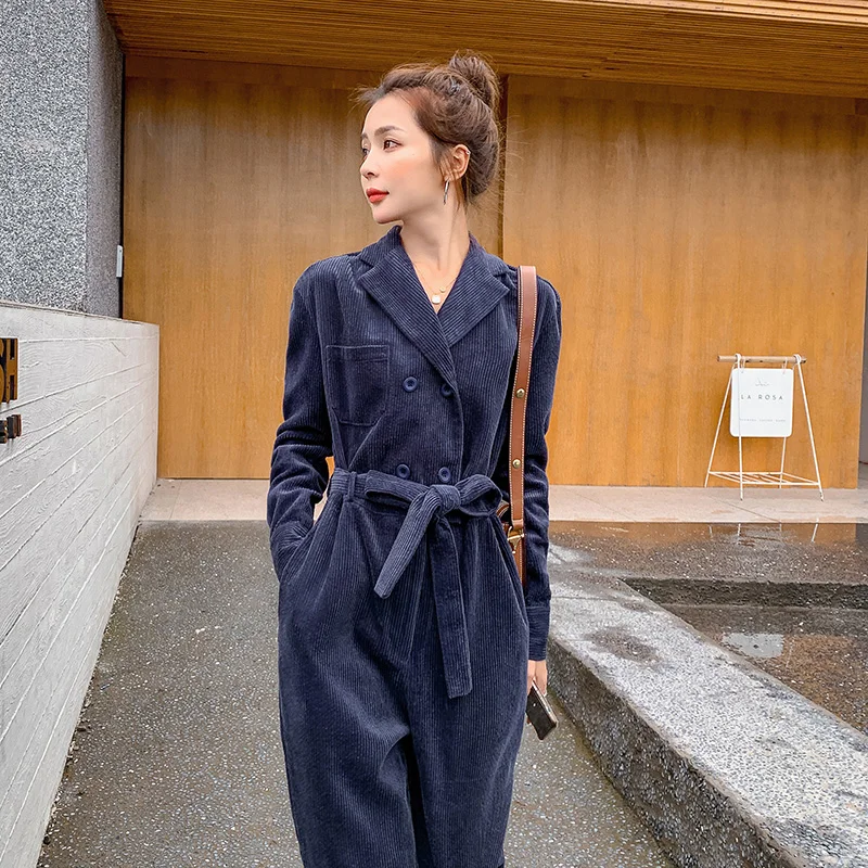 Вельветовые комбинезоны для женщин с длинным рукавом Свободные двубортные Sashe