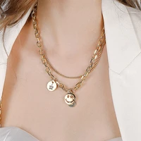personality smiley hip hop fashion layered chain necklace sexy double layer circular pendant unique collarbone chain wholesale