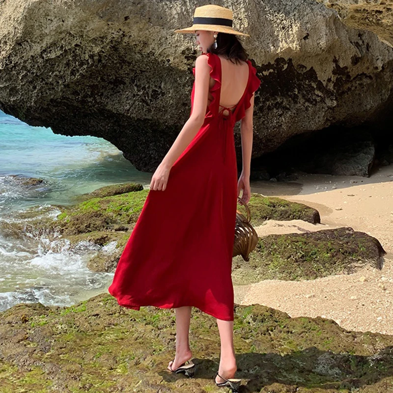 Женский летний сарафан бордового цвета длинное пляжное платье на тропических
