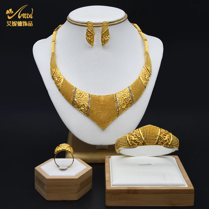 

Ethiopia Nigeria 24K Gold Color African Jewelry Sets For Women Luxury Necklace Earrings Bracelet Rings Set India Wedding Gifts