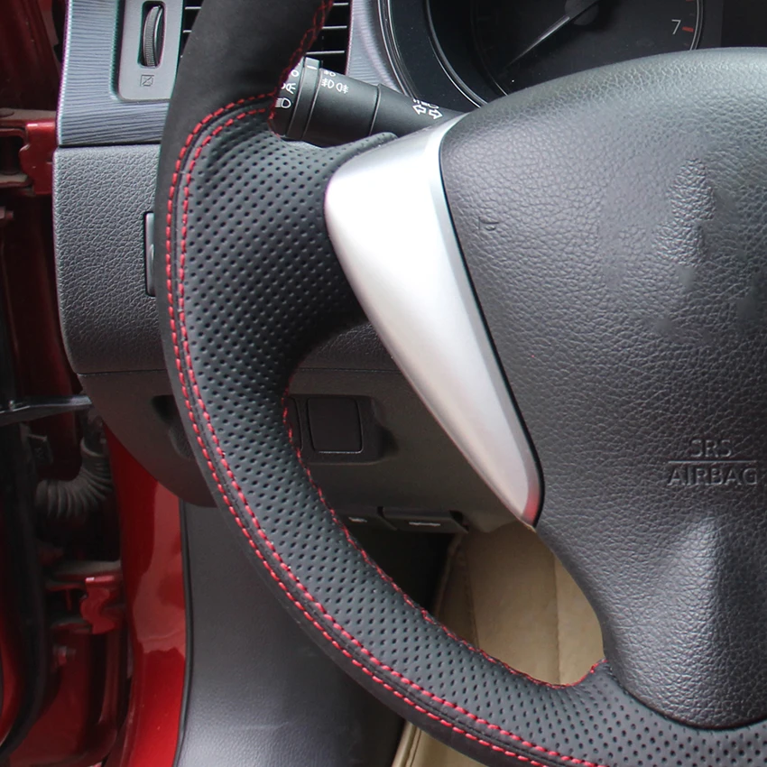 

LQTENLEO Black Genuine Leather Suede Car Steering Wheel Cover For Nissan Tiida Sylphy 2011-2015 Versa 2014-2019 NV200 Sentra