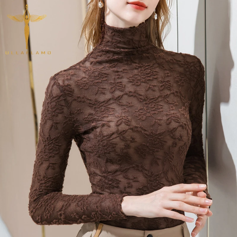 Кружевные футболки с воротником-хомутом женские сетчатые Топы длинным рукавом