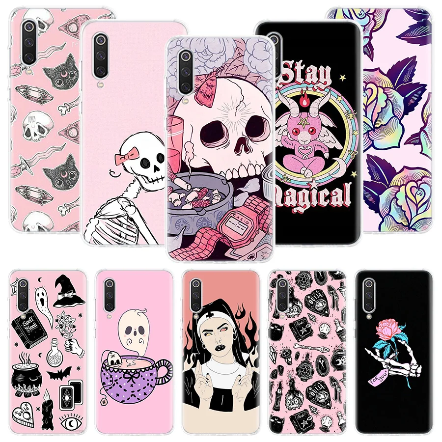 Pink Cat Skull Sorceress Witch Phone Case For Xiaomi Redmi Note 10 9 8 11 12 Pro 11T 11S 11E 10S 9S 9T 8T 8A 7 6 5 Plus Art