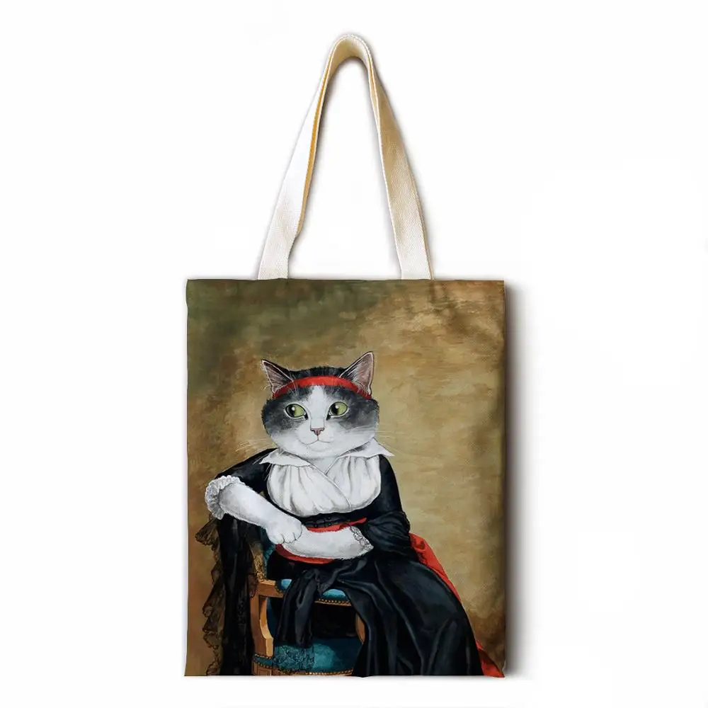 

Oil painting cat woman cotton and linen ladies large-capacity casual printing handbag fashion art ladies shoulder bag
