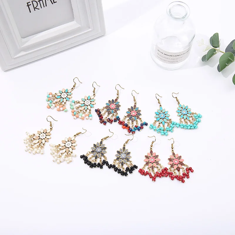 Модные женские серьги в богемном стиле винтажные маленькие бусины цветочные