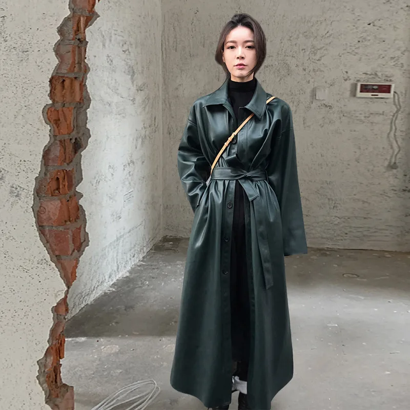 Женская Длинная ветровка из искусственной кожи, свободная однобортная длинная куртка с поясом и разрезом, осень 2020