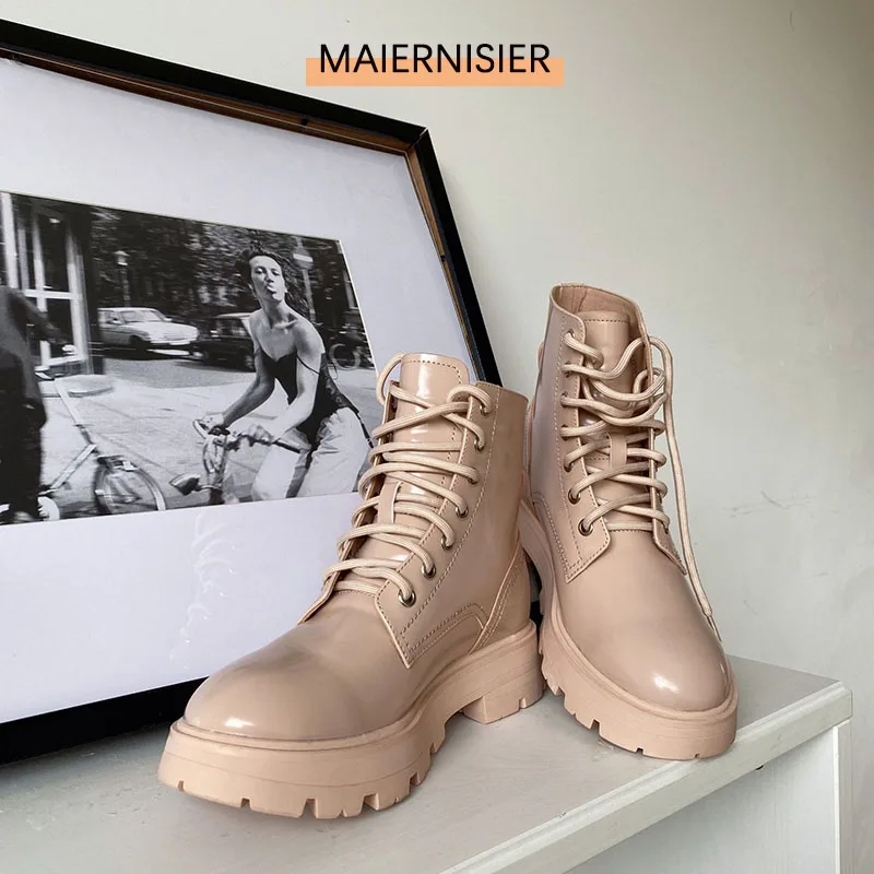 

Кожаные женские мотоциклетные ботинки, женские ботинки на шнуровке с круглым носком, женские ботильоны с подкладкой на среднем каблуке, Осе...