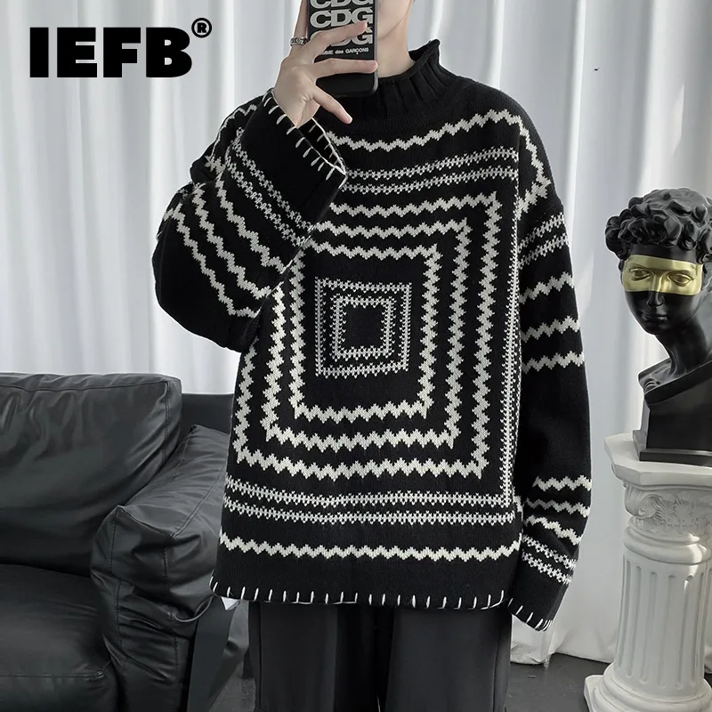 

IEFB Autumn And Winter Turtleneck Sweater Men's Harajuku Loose Stripe Kinttwear Tops New Ins Streetwear Sweaters 9Y9871