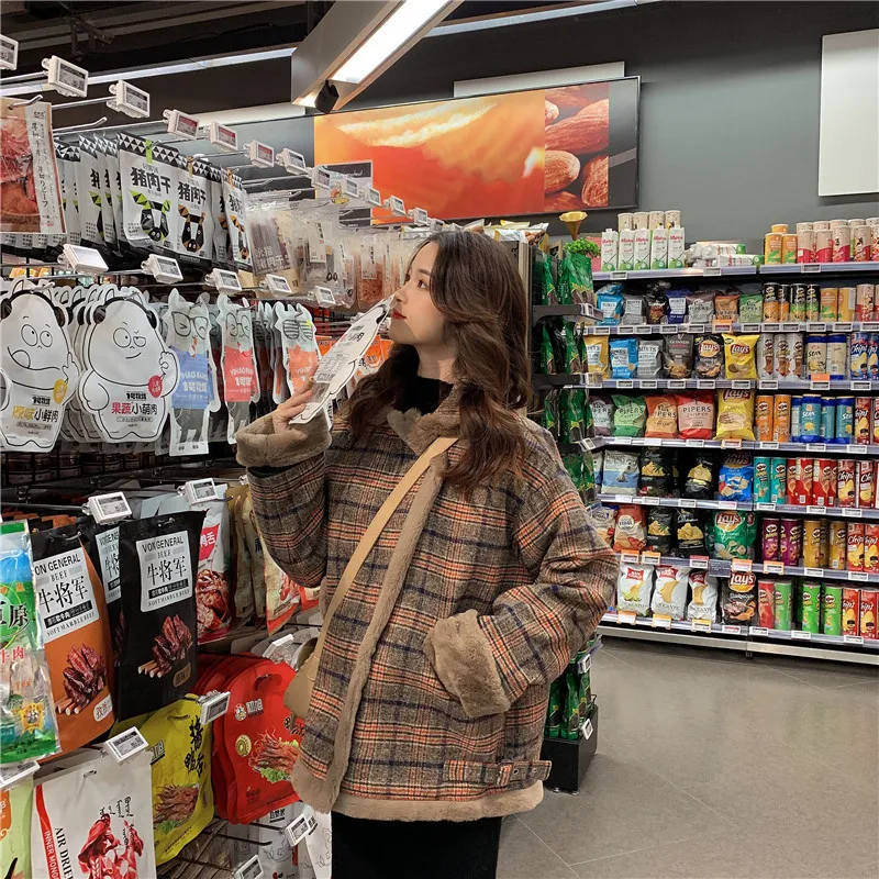 

Winter new Korean version of the thick plaid cotton jacket lamb velvet cotton clothing fur one small lamb cotton clothing tide