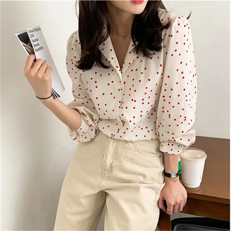 

HziriP Gentle Chic Korean Polka Dots Office Lady Shirts All Match 2020 Hot Women Loose Full Sleeves Brief OL Streetwear Shirts