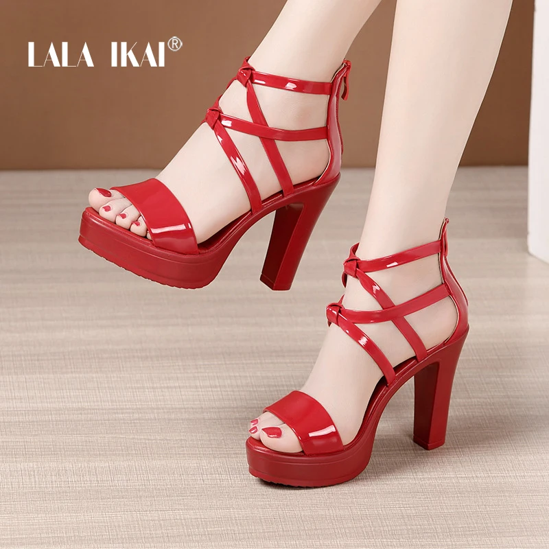 

LALA IKAI-Ladies Patent Leather Buckle Sandals Round Toe Platform High Heels Party Shoes Gladiator Solid Color Plus Size 32-43