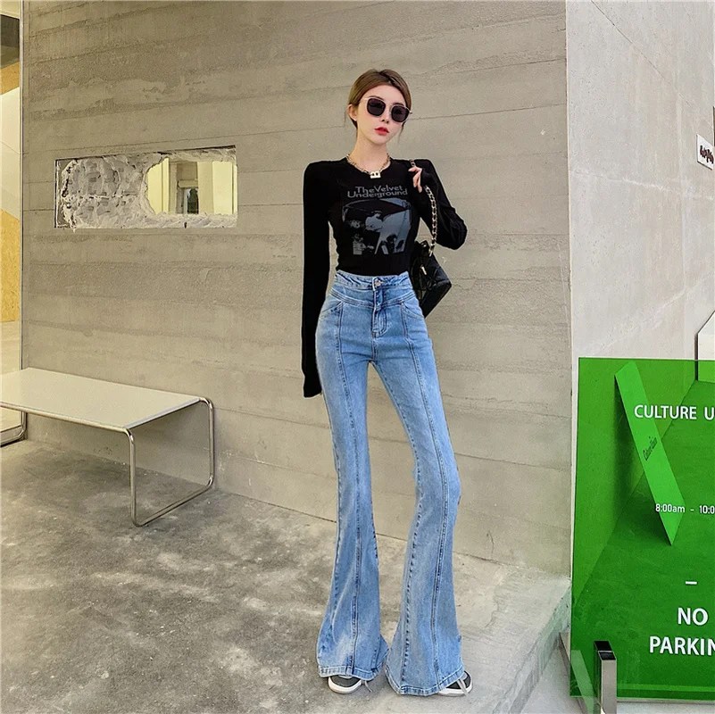 

Mozuleva 2021 High Waist Stretch Skinny Women Jeans Pants Female Single-breasted Side Split Flare Pants Floor-length Denim Jeans
