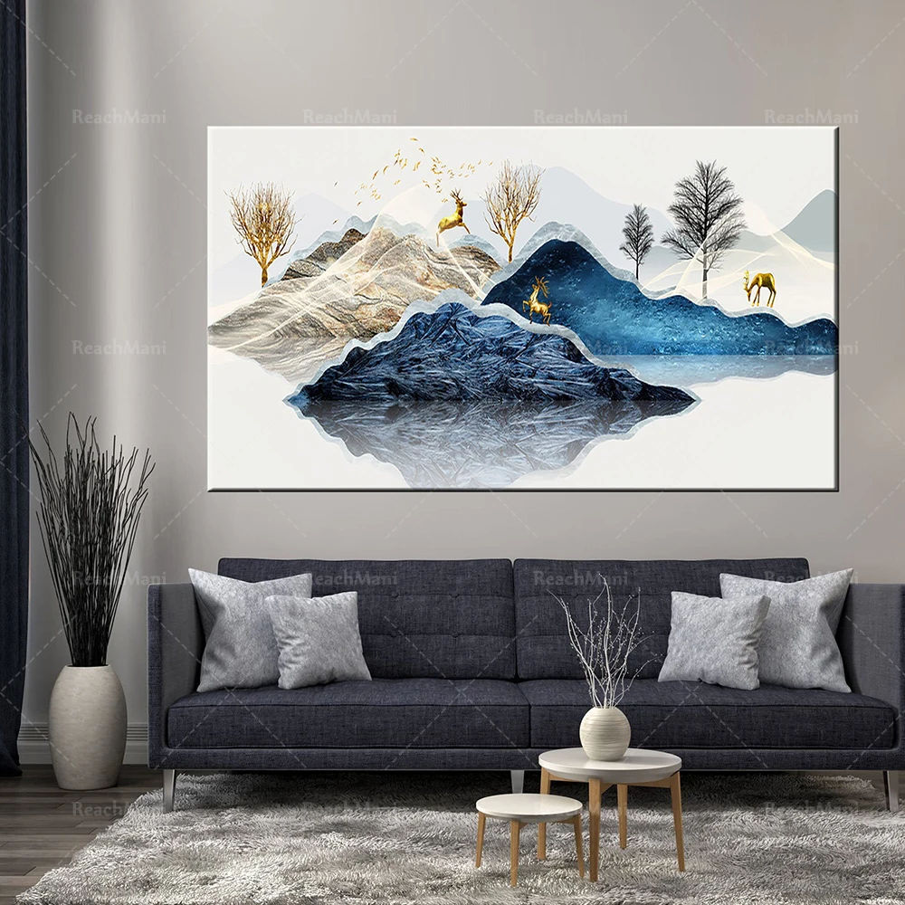 

Yellow trees and deer on the mountain, decorative abstract art, deer abstract art, blue gable art, natural forest art poster