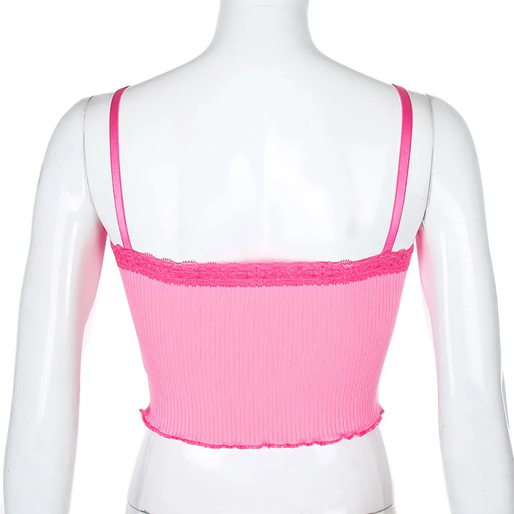 Коричневый Y2k Топы на бретельках Женская кружевная отделка милые миленькие в