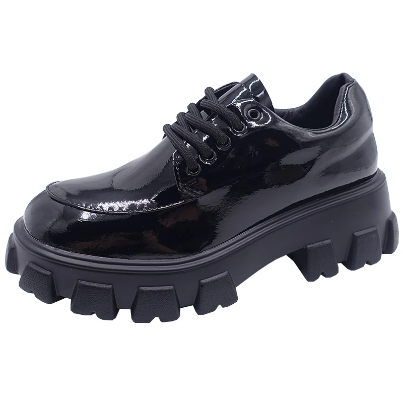 

2021 NEW Thick soled leather shoes women's dark patent leather single fluffy muffin to enhance British style big head shoes