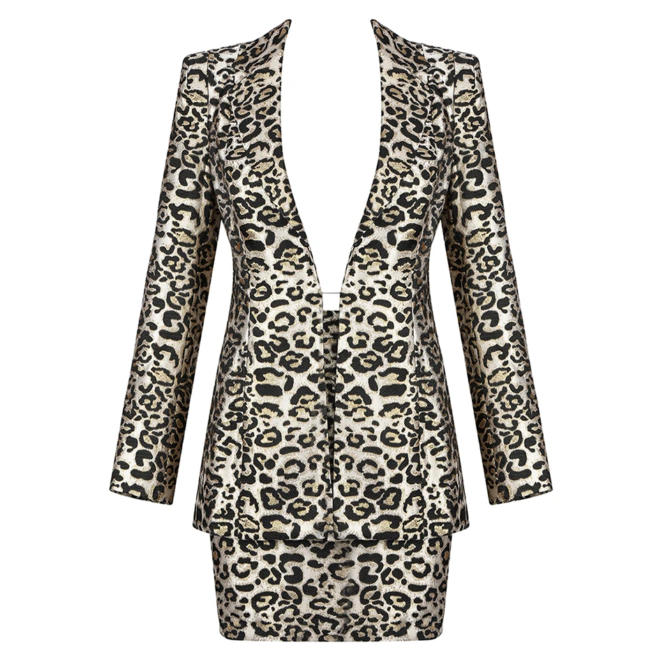 Новинка зимы 2019 Леопардовый женский комплект с юбкой куртка длинным рукавом и