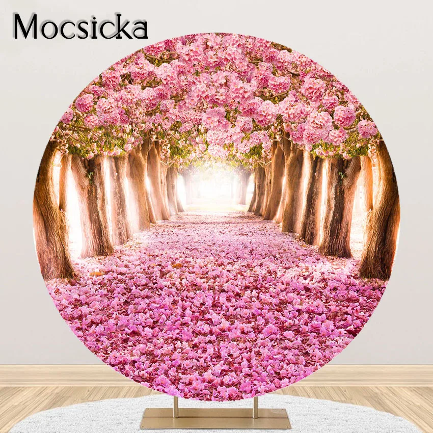 

Mocsicka Pink Floral Backdrop for Girl Princess Cherry Flower Birthday Baby Shower Photoshoot Round Circle Elastic Cover Banner