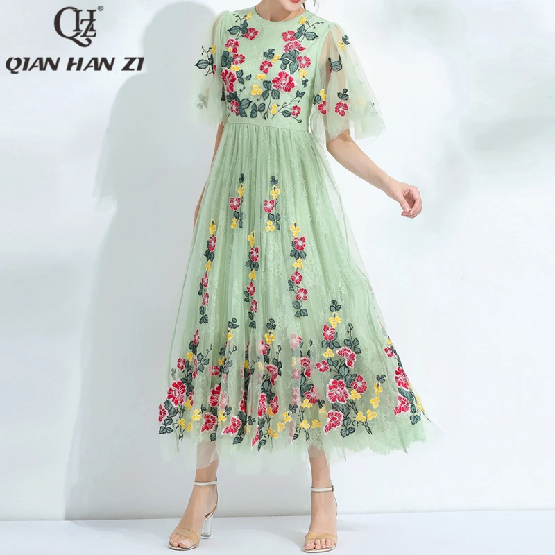 Qian Han Zi designer fashion runway women long dress summer Lotus sleeve Mesh embroidery Lace Elegant Slim Maxi Dress