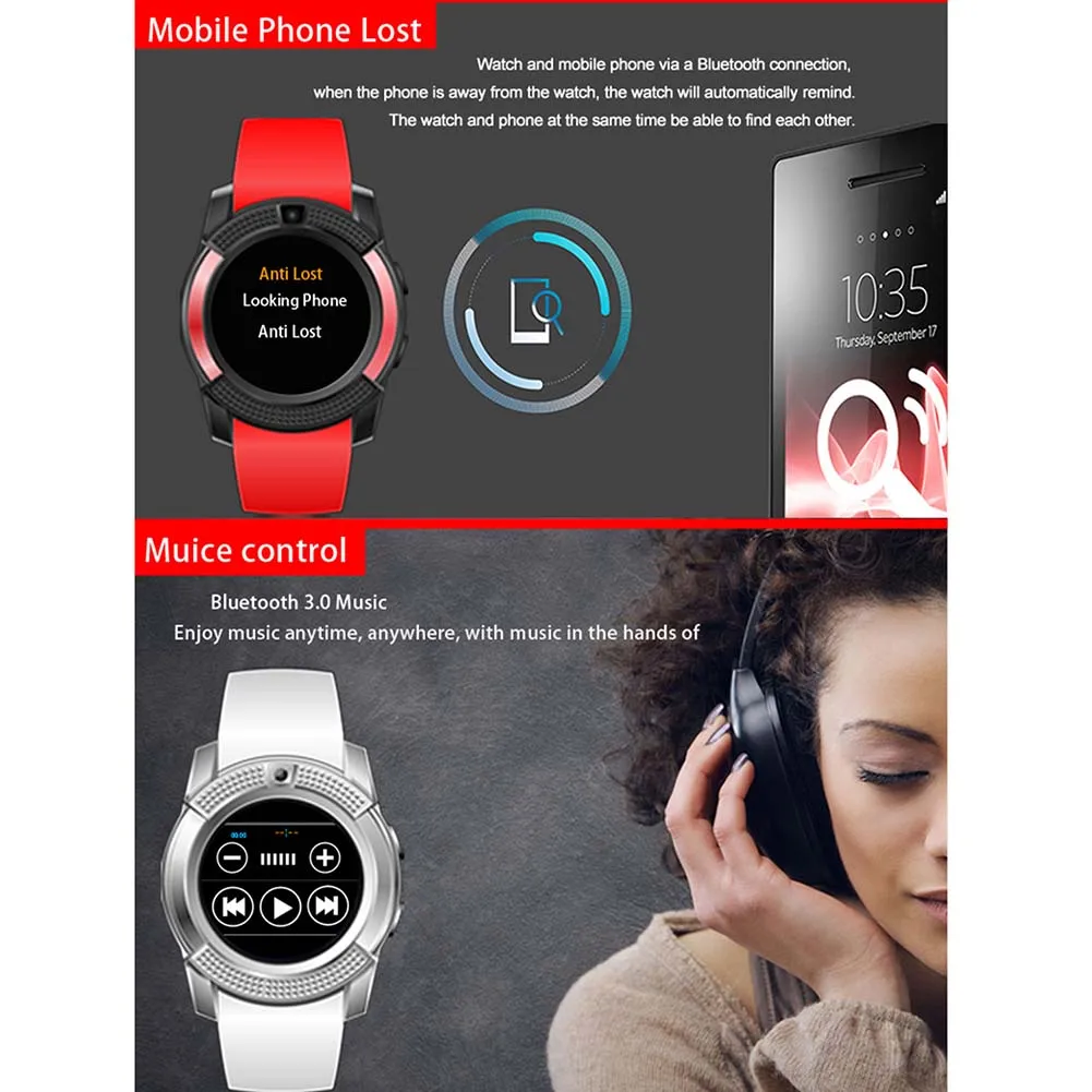 V8 круглые умные часы взрослая Мода карты Bluetooth телефон MP3 MP4 сенсорный Экран