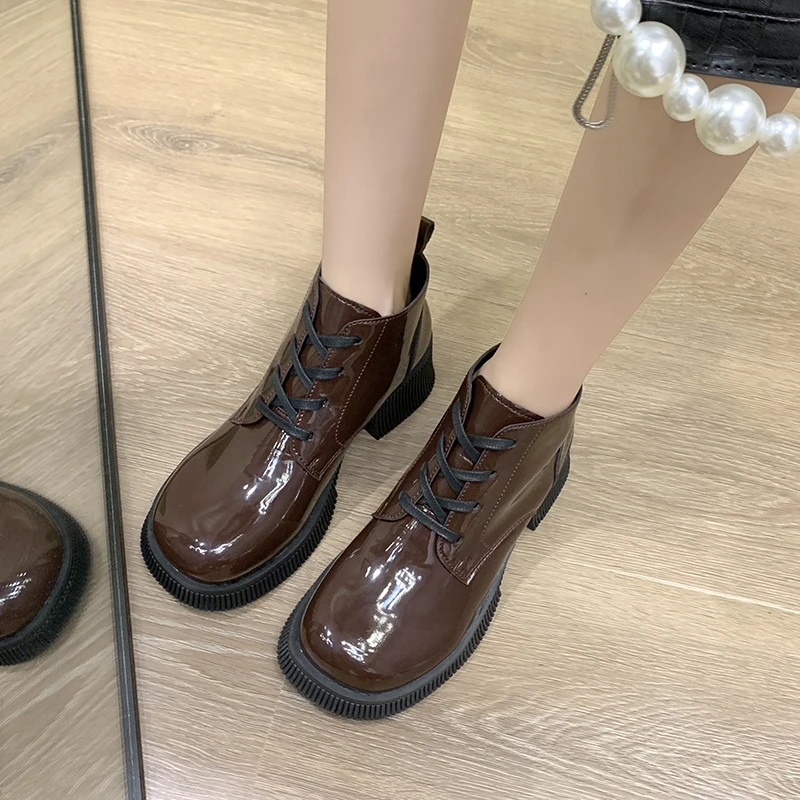 

Ботинки женские из натуральной кожи, на шнуровке, Осень-зима