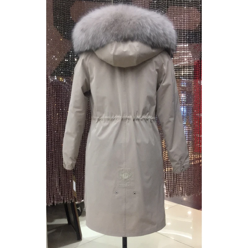 Женская зимняя длинная парка, пальто, куртка с капюшоном, Воротник из енота и лисы, съемная подкладка из кролика, 43D 66081