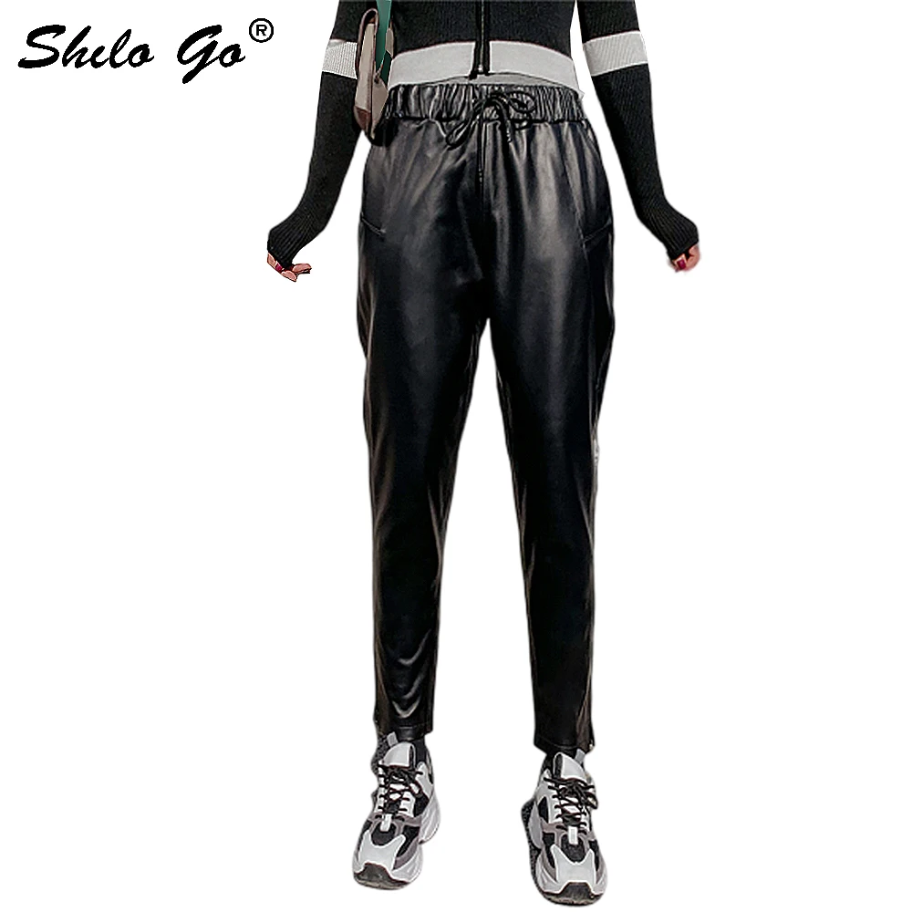 Брюки из натуральной кожи черные минималистичные с завязками на талии овчина