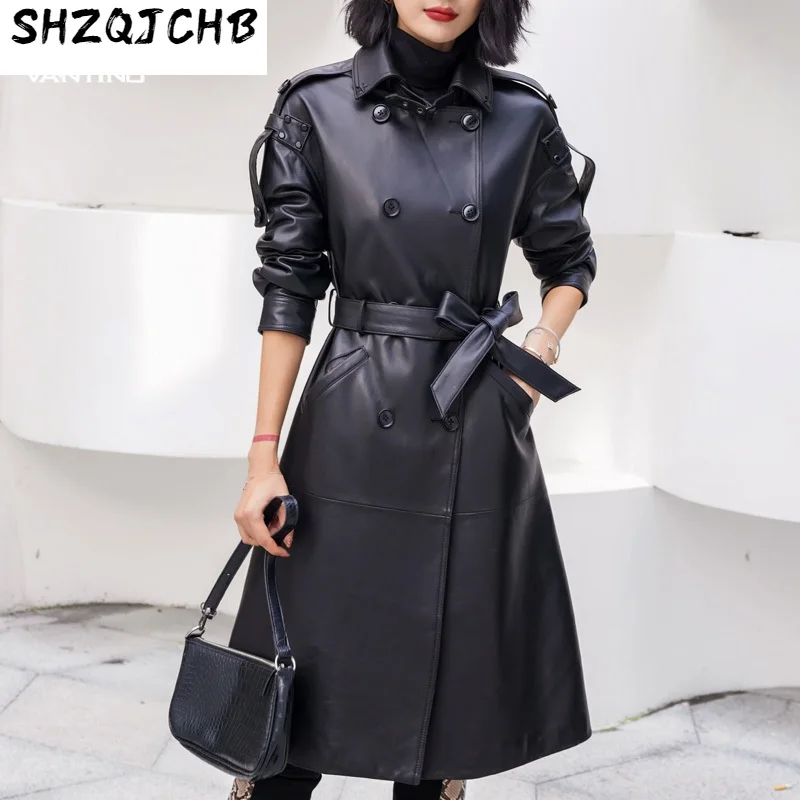 

Женское кожаное пальто SHZQ средней и большой длины, Новинка весна-осень 2021, облегающая стильная Высококачественная ветровка из овечьей кожи
