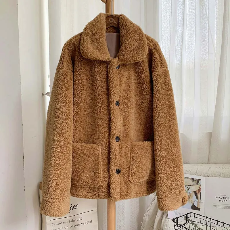 brown fur coat Зимняя утолщенная теплая плюшевая Меховая куртка, пальто для женщин, Повседневная мода, пальто из искусственного меха ягненка, пушистая уютная Свободная верхняя одежда для женщин - Цвет: brown fur coat