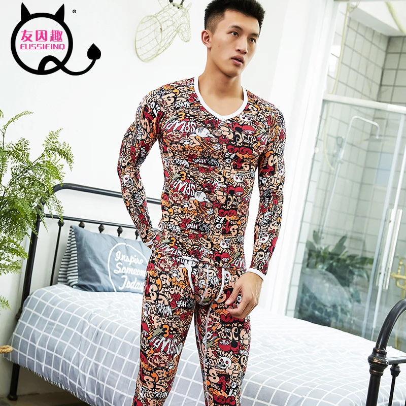 

men's fashion printed cotton long johns pants warm trousers render underpants Man tight trousers of winter legging one set