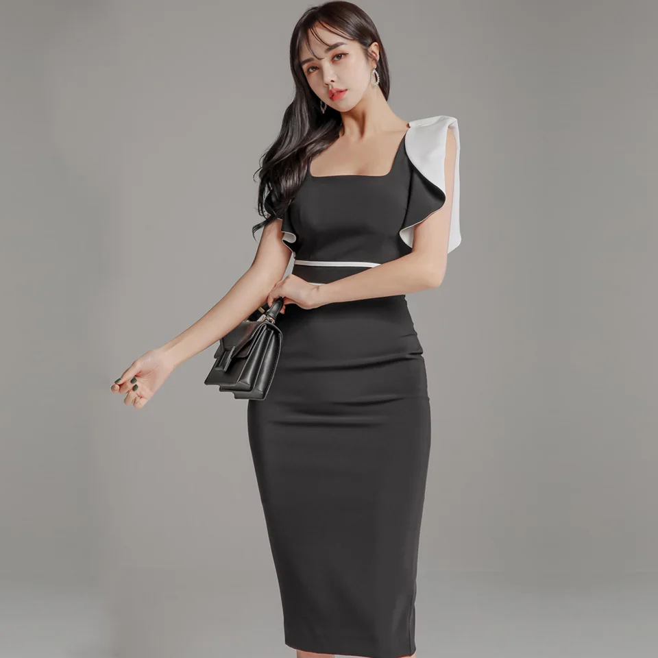 Платье без рукавов с оборками Офисные женские туфли платье 2020 Весна квадратный