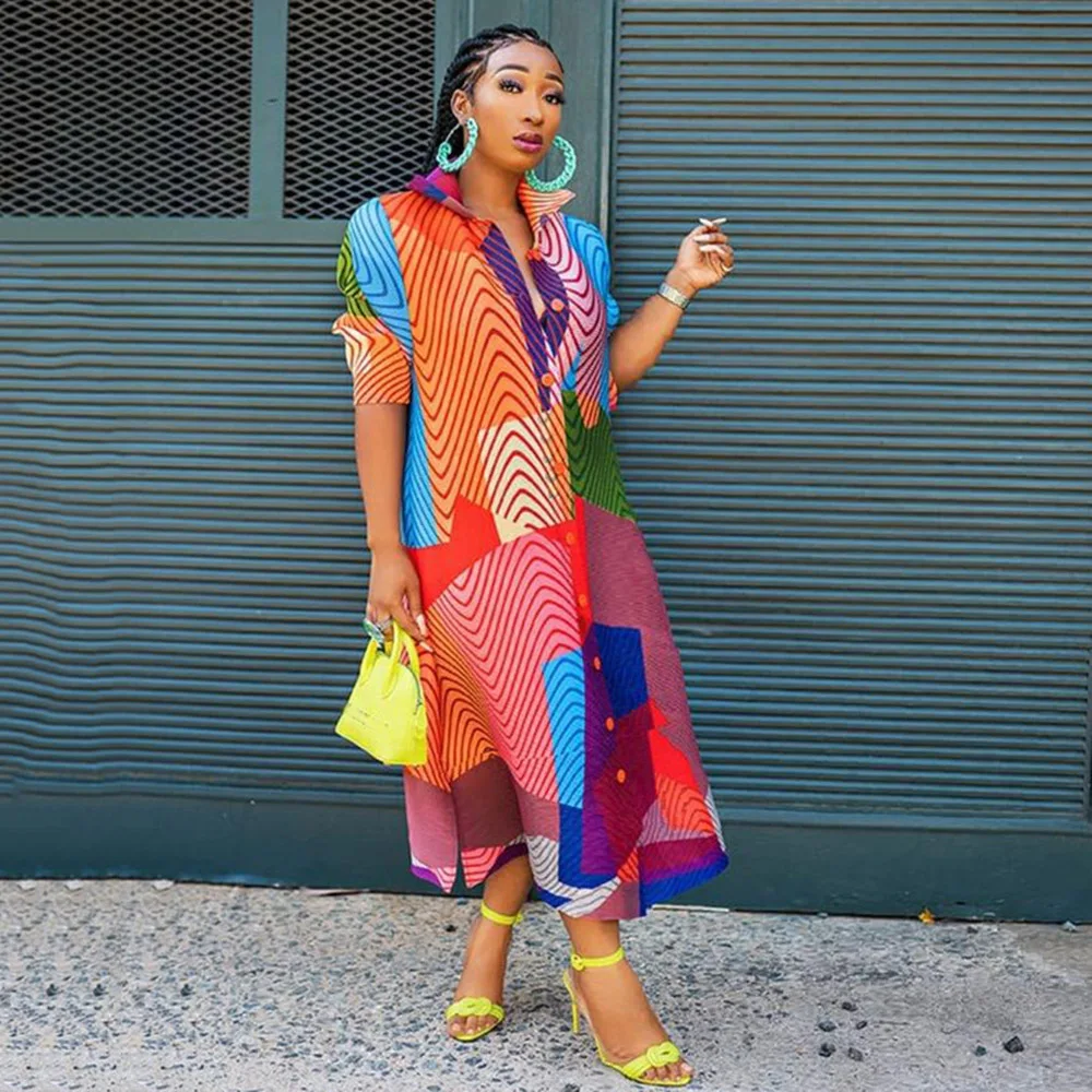 

African Vintage Women Casual Coat Sexy Long Shirt Dress A-Line Color Block Button Single-Breasted Western Office Lady 2021 New