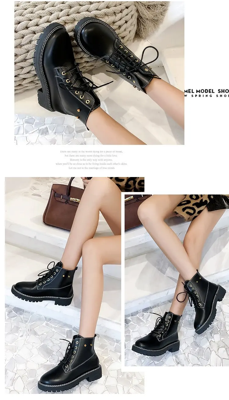 Женские ботинки из мягкой кожи со шнуровкой водонепроницаемые черного цвета -