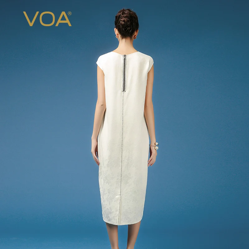VOA однотонное белое офисное женское шелковое жаккардовое платье элегантное