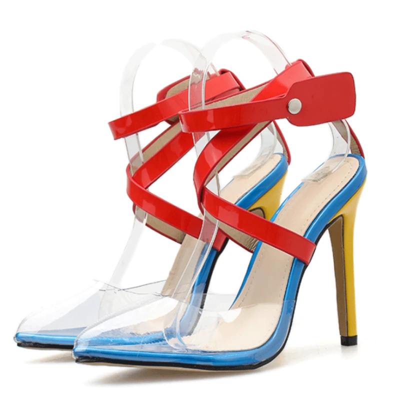 

Transparent Pointed Toe Women Shoes Summer Color Block Sexy High Heels Ladies Sandals Fashion Elegant Cross Strap Stiletto Shoes