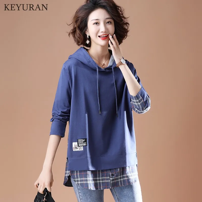 Толстовка Женская в клетку с капюшоном Модный повседневный Свободный свитшот