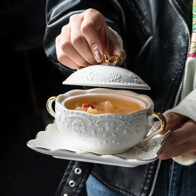 European-style Dessert Small Tableware Embossed Soup Cup with Lid Ceramic Bowl Stew Creative Household Health Dish Set | Дом и сад