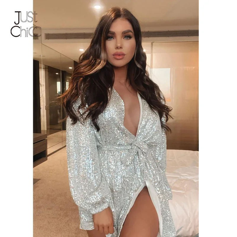 Мини-платье Justchicc с блестками на шнуровке рюшами рукавами-фонариками облегающие